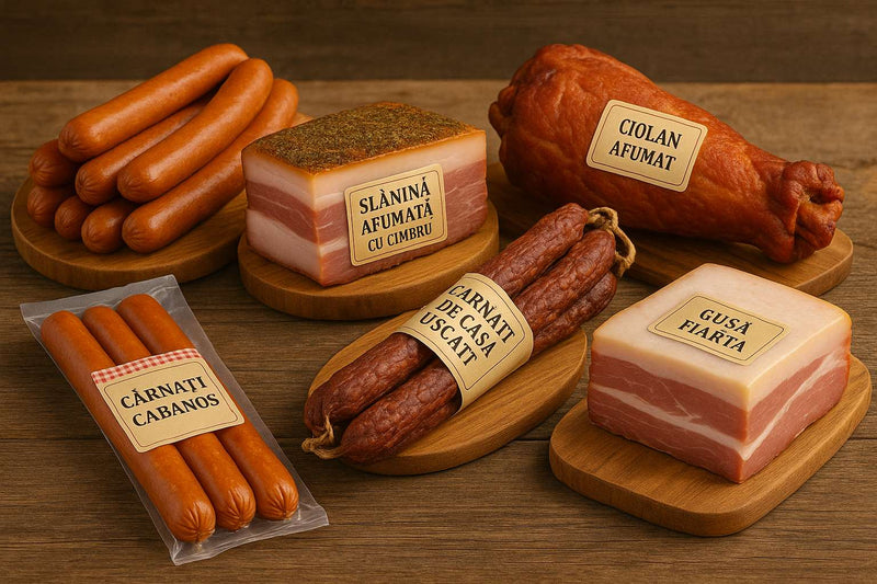 Delicii din carne tradiționale românești: cârnați cabanos, slănină afumată cu cimbru, ciolan afumat, cârnați de casă uscați și gușă fiartă